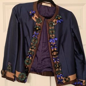 Prada silk suit jacket , navy blue embellished